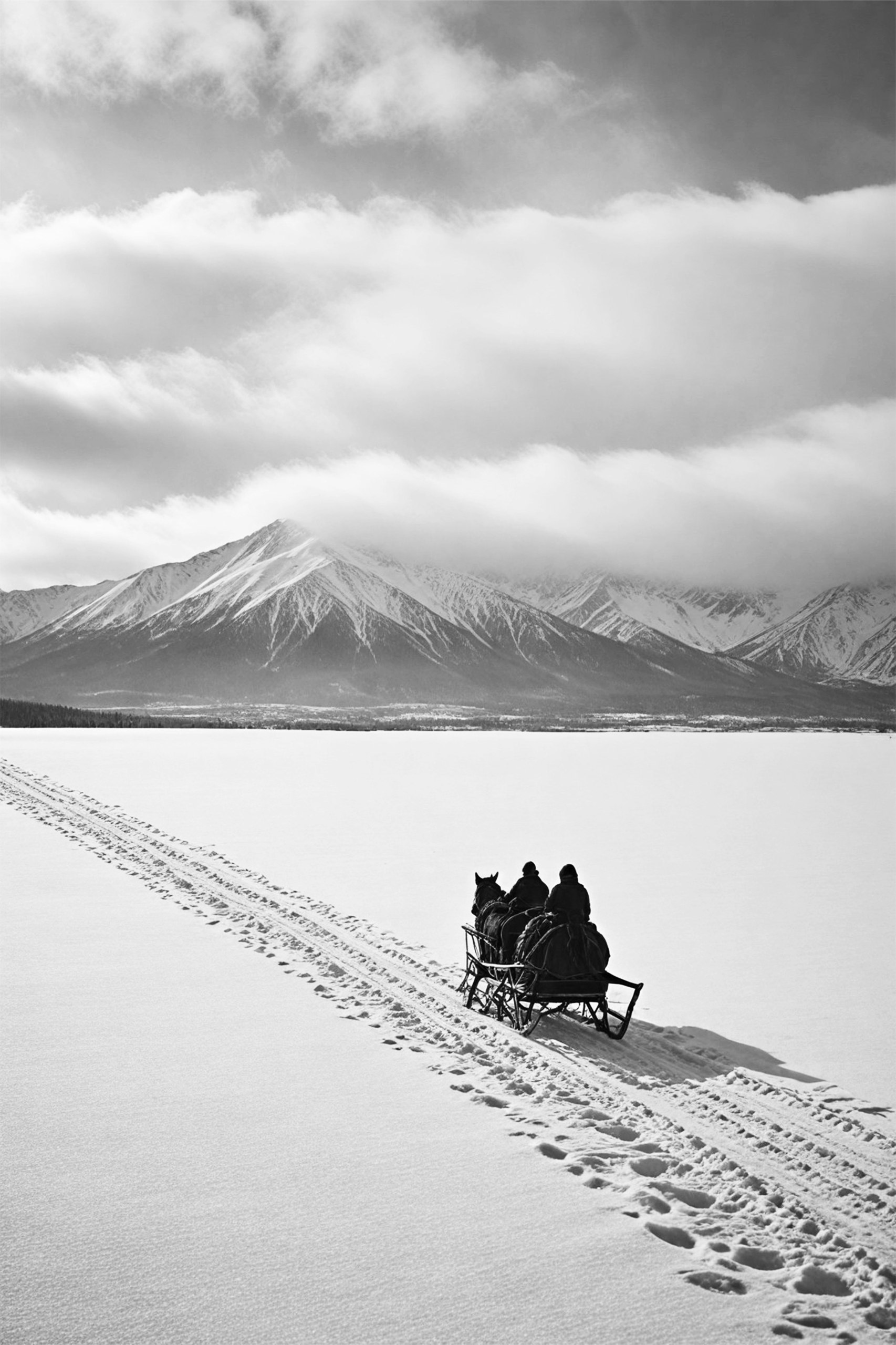 Bonaque — Journey Through the Winter Silence, een zwart-witfoto van een paardenslee in de sneeuw, een gesigneerde print van €65 als zakelijk kerstgeschenk