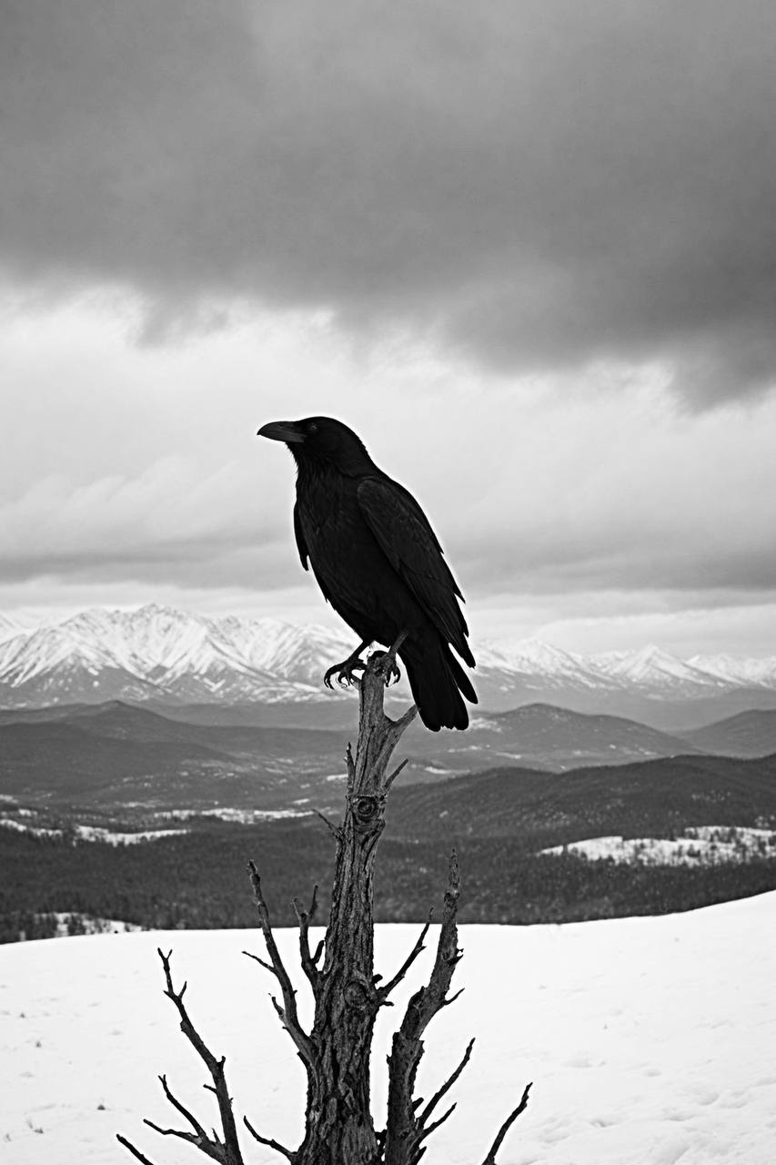 Bonaque — The Watchful Raven, een zwart-wit fotografische kunstprint aangeboden op de veiling