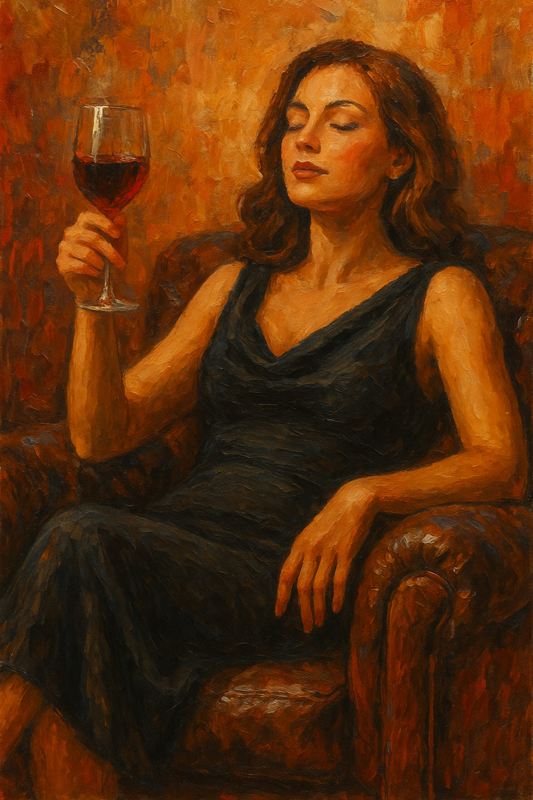 Elena Aureli — A Toast to Solitude, een vrouw in een leren fauteuil met een glas rode wijn, in warme tinten geschilderd, gezellige wanddecoratie