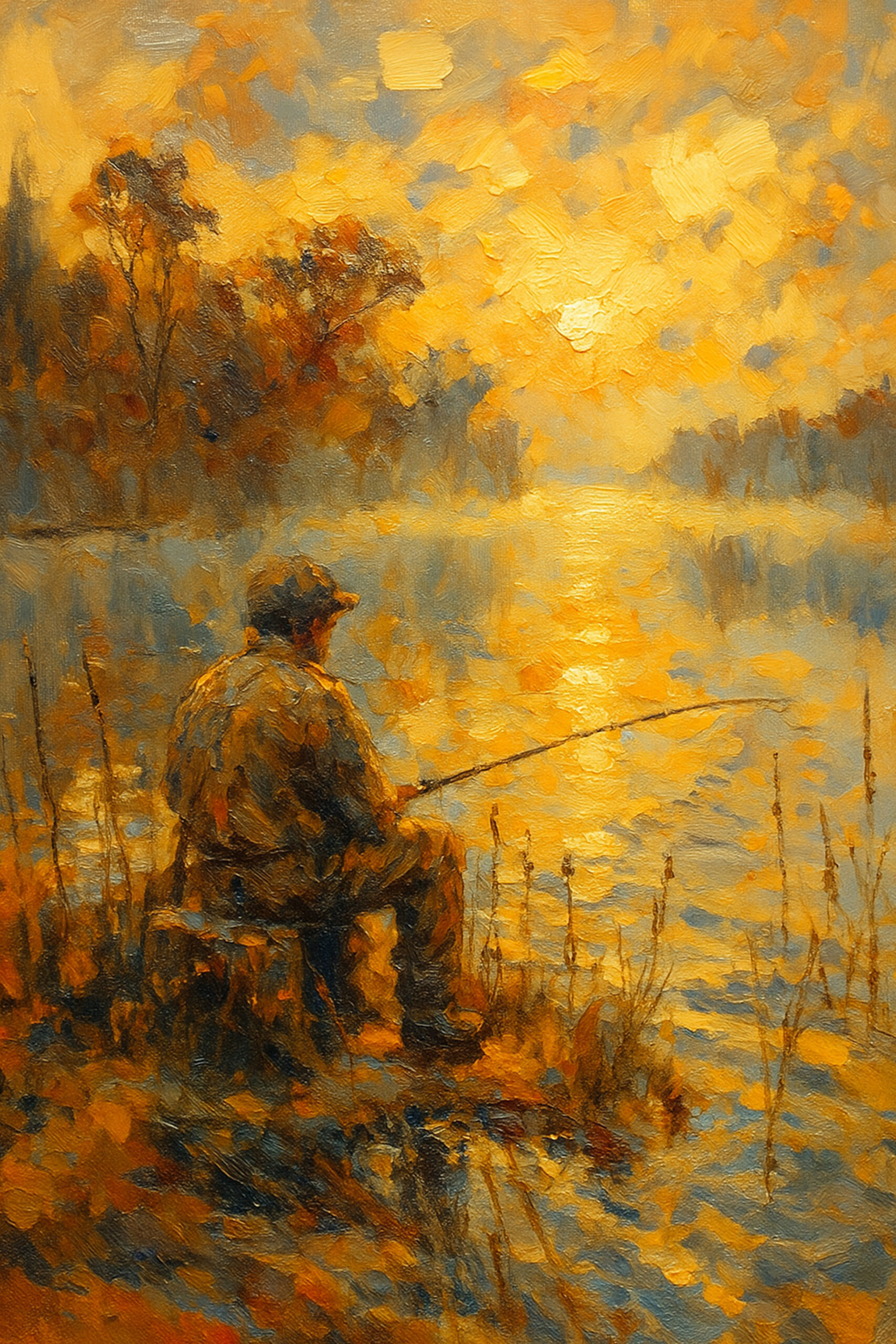 Henri des Bois — Golden Tranquility, een visser bij een meer bij zonsondergang in goud en amber, een gesigneerde kunstprint die een woonkamer in de winter warm maakt