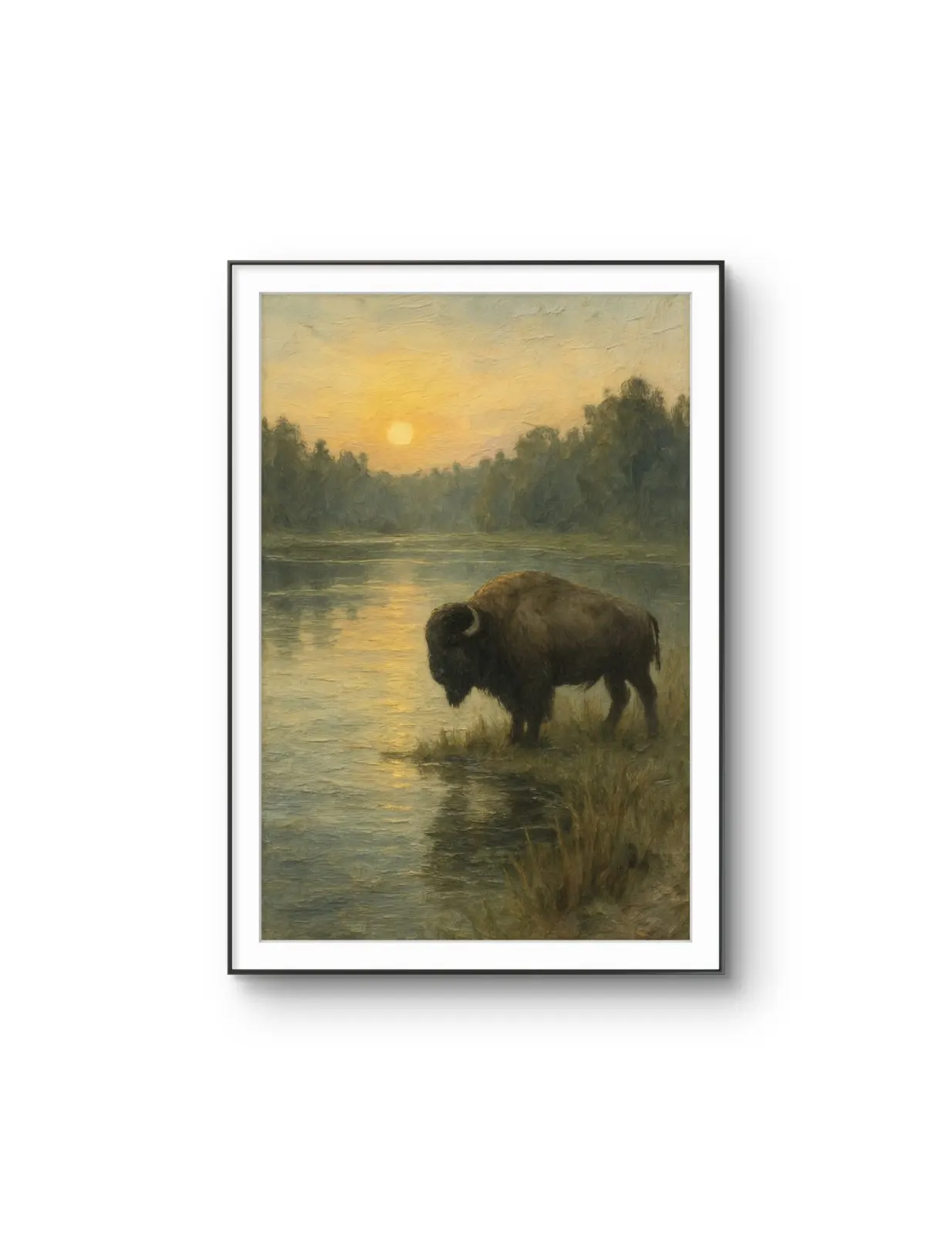 Henri des Bois - The Bison at Dawn — Mixed Media prima kunstprint door Henri des Bois
