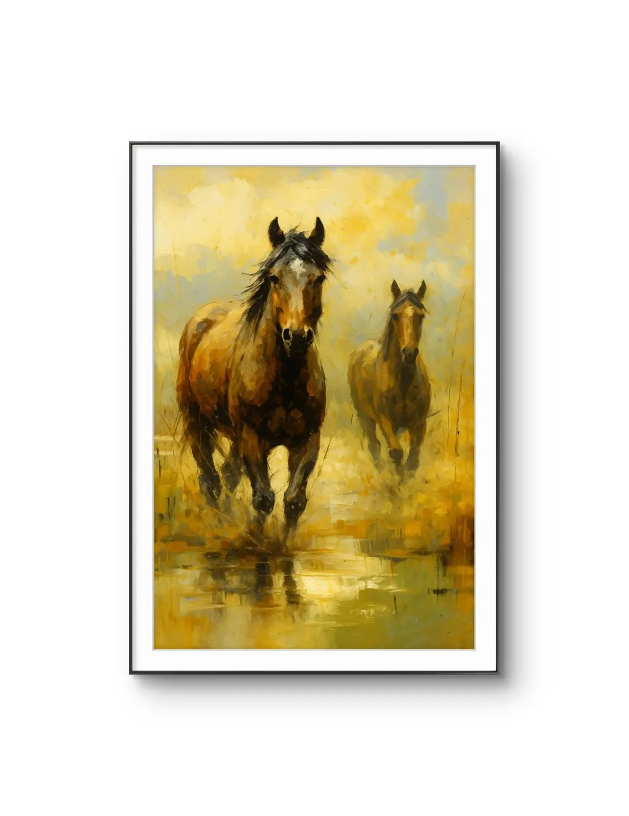 Henri des Bois - Wild Horses in the Mist — Mixed Media prima kunstprint door Henri des Bois