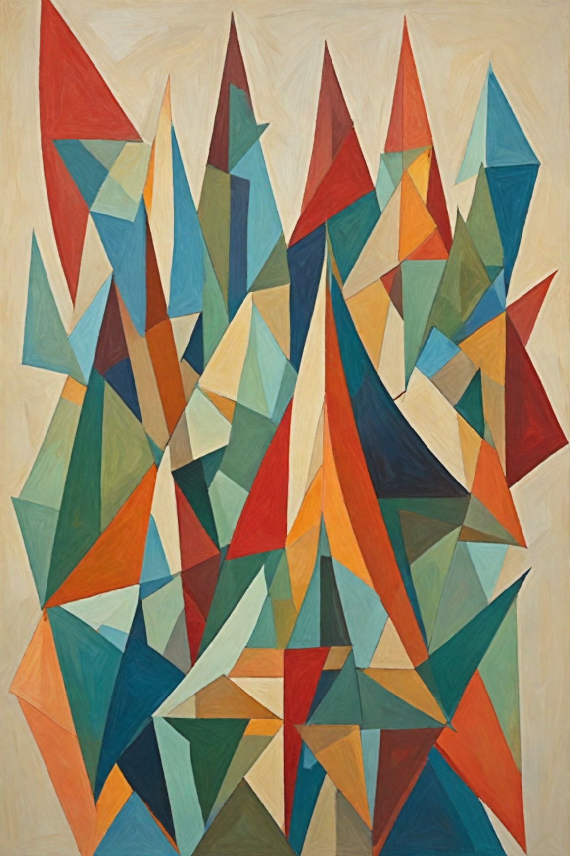 Litvin — Echoes of the Peaks, een kleurrijke geometrisch-abstracte kunstprint die past in een pauzeruimte op kantoor