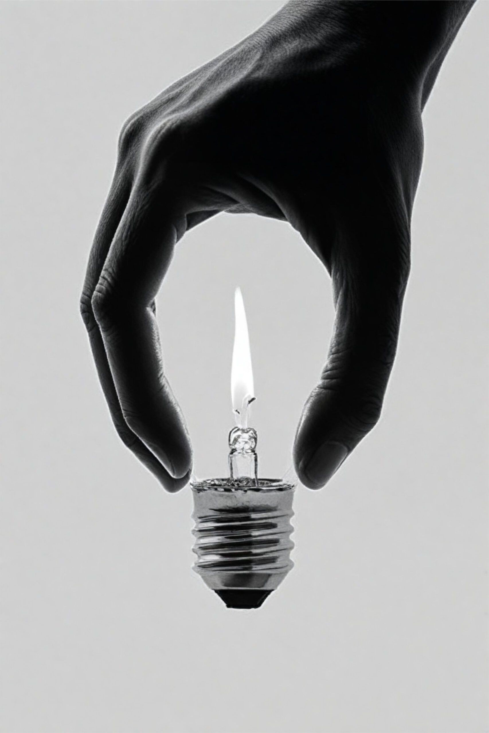 Moroz — Igniting Ideas, een zwart-witfoto van een hand die een gloeilamp met een vlam erin vasthoudt, een gesigneerde print van €95 als cadeau voor een klant