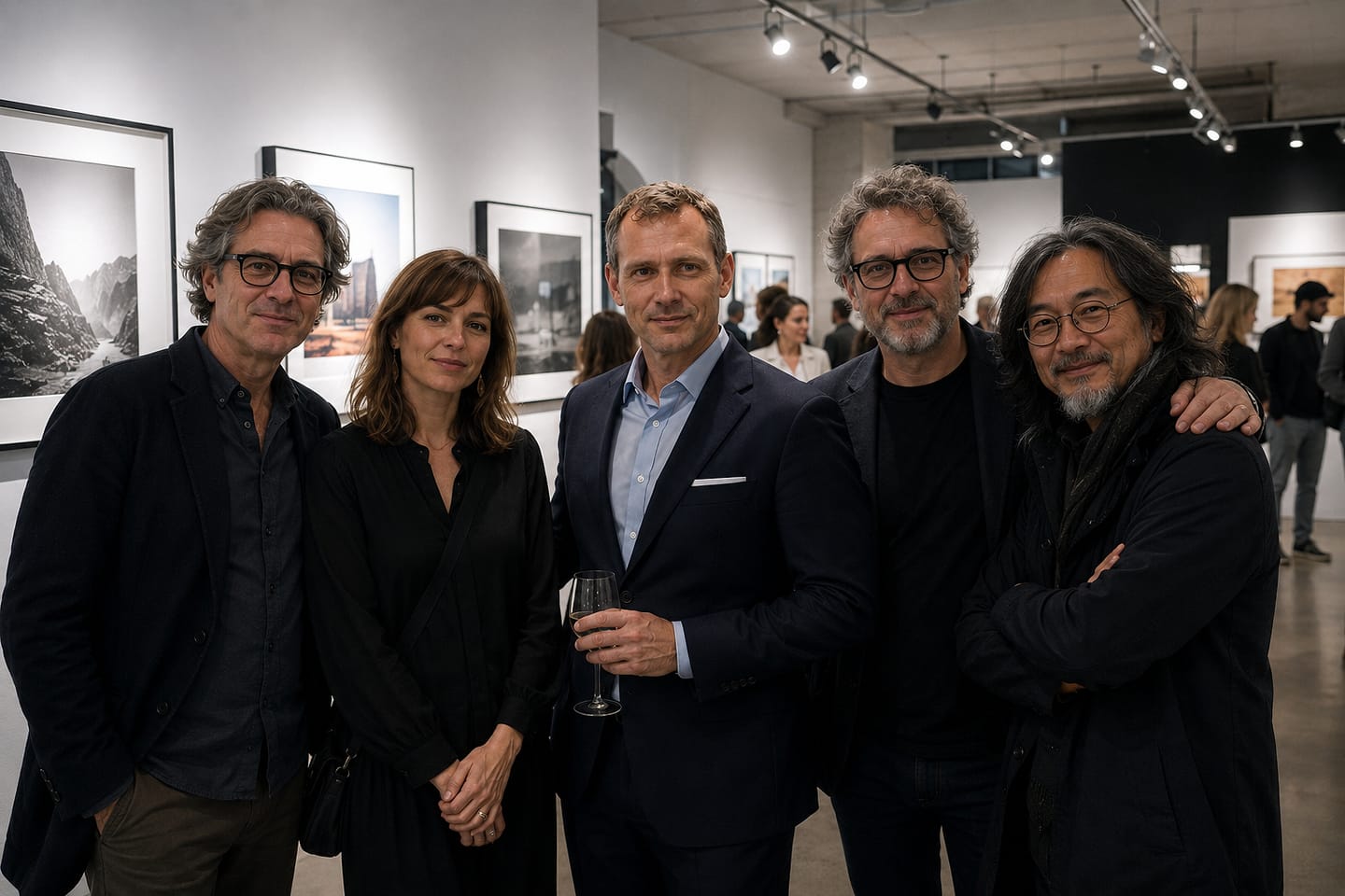 Gasten bij de opening van een fotografietentoonstelling.